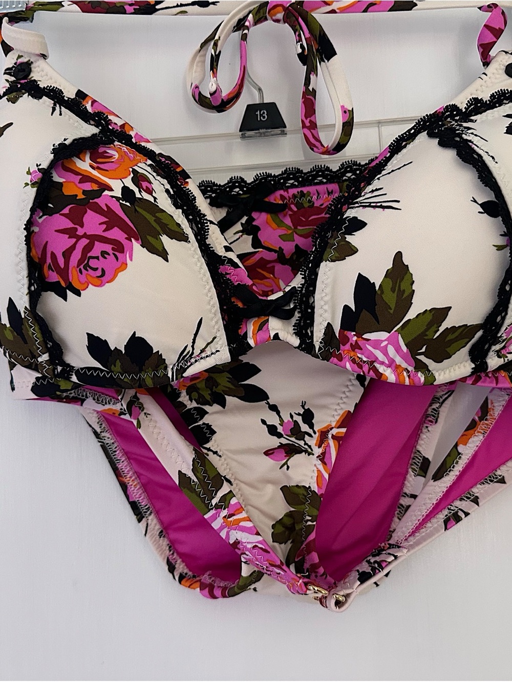 Betsey Johnson Vintage Gypsy Cream Floral Bra and Bikini Set with Pink Accents